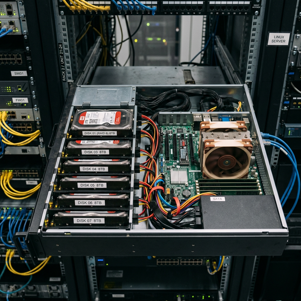 Server rack drawer with seven labeled hard drives and cooling fan inside a data center